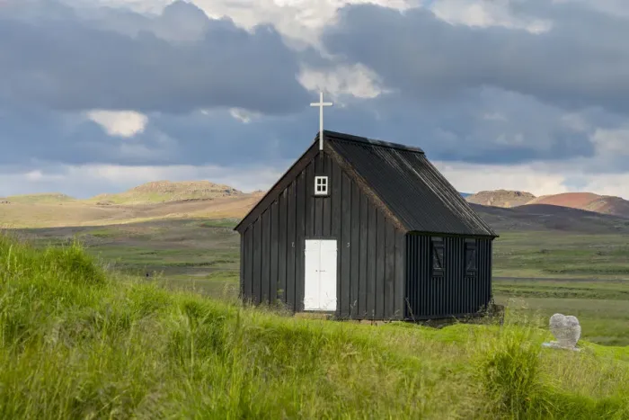 Framed Print : Krysuvikurkirkja church on green landscape, Krysuvik, The Capital Region, Iceland