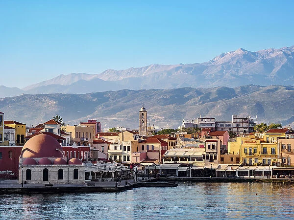 Kucuk Hasan Mosque and Old Town Waterfront, City of Chania, Crete, Greece