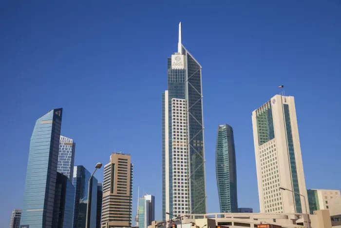 Framed Print : Kuwait, Kuwait City, City center buildings -the middle building is Arraya building