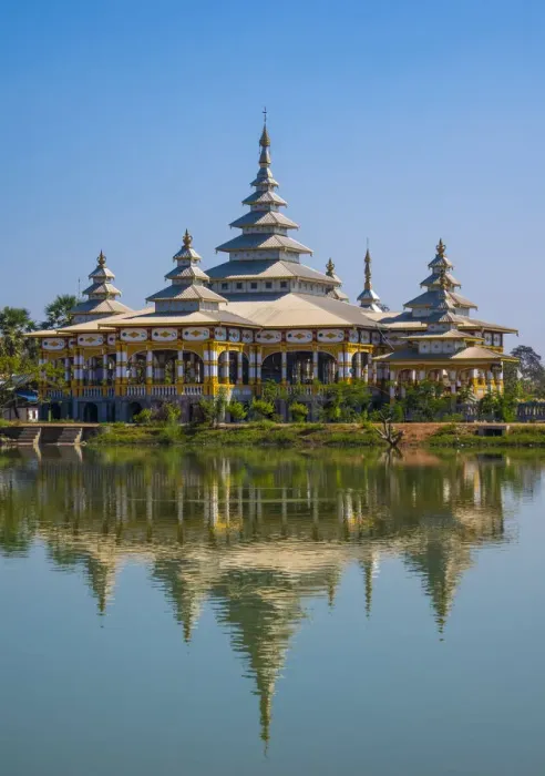 Framed Print : Kyaut Ka Lat Buddhist Temple reflecting in the water of the lake at Hpa-An, Myanmar Framed Print : Kyaut Ka Lat Buddhist Temple reflecting in the water of the lake at Hpa-An, Myanmar