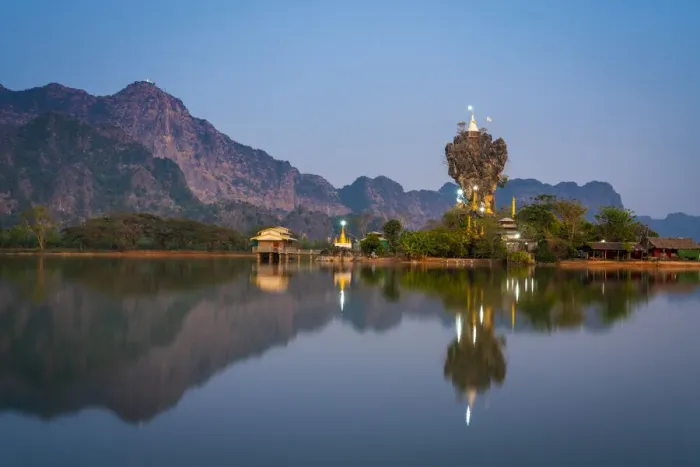 Framed Print : Kyaut Ka Latt Pagoda at dusk, Hpa-an, Hpa-an Township, Hpa-An District, Kayin State Framed Print : Kyaut Ka Latt Pagoda at dusk, Hpa-an, Hpa-an Township, Hpa-An District, Kayin State