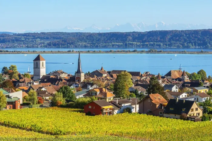 Framed Print : La Neuveville and Lake Biel, Bern, Switzerland Framed Print : La Neuveville and Lake Biel, Bern, Switzerland