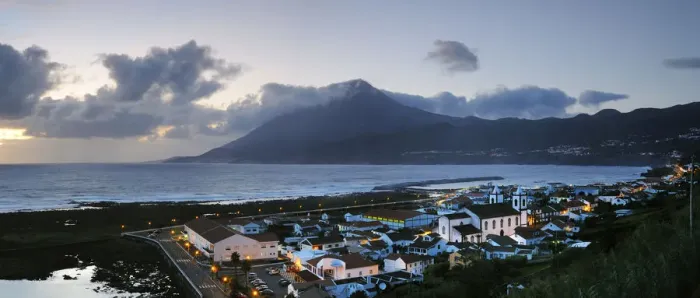Framed Print : Lages do Pico, one of the most important whaling villages, and the volcano at dusk