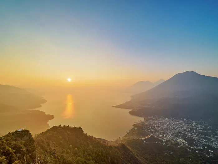 Framed Print : Lake Atitlan seen from Rostro Maya or Indian Nose at sunrise, Solola Department, Guatemala
