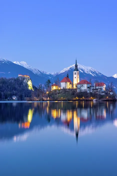 Framed Print : Lake Bled, Bled Island and Bled Castle with Snow Capped Julian Alps at Dusk, Slovenia, Eastern Europe Framed Print : Lake Bled, Bled Island and Bled Castle with Snow Capped Julian Alps at Dusk, Slovenia, Eastern Europe