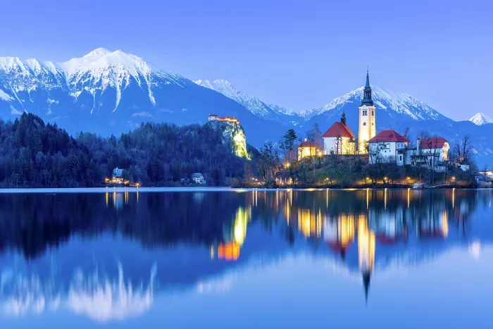 Framed Print : Lake Bled, Bled Island and Bled Castle with Snow Capped Julian Alps at Dusk, Slovenia, Eastern Europe Framed Print : Lake Bled, Bled Island and Bled Castle with Snow Capped Julian Alps at Dusk, Slovenia, Eastern Europe