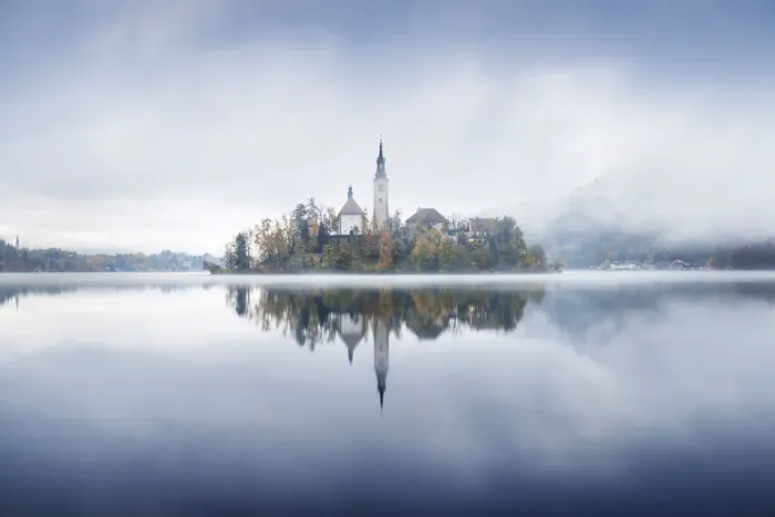 Framed Print : Lake Bled during a foggy autumn sunrise, Slovenia Framed Print : Lake Bled during a foggy autumn sunrise, Slovenia