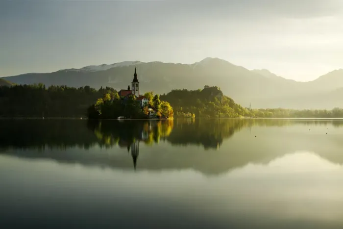 Framed Print : Lake Bled during a sunny spring sunrise, Slovenia Framed Print : Lake Bled during a sunny spring sunrise, Slovenia