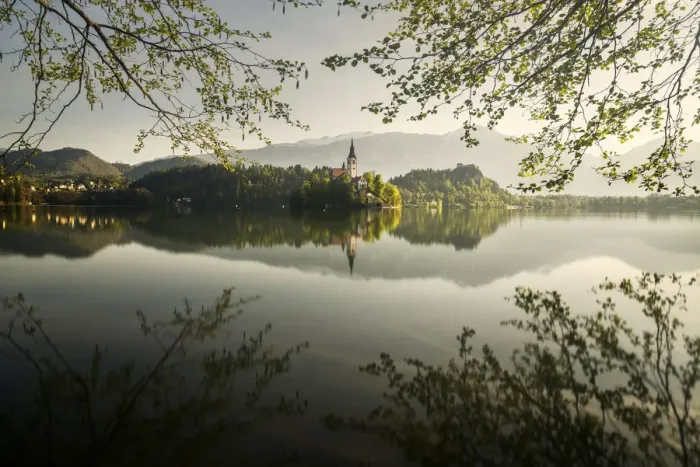 Framed Print : Lake Bled during a sunny spring sunrise, Slovenia