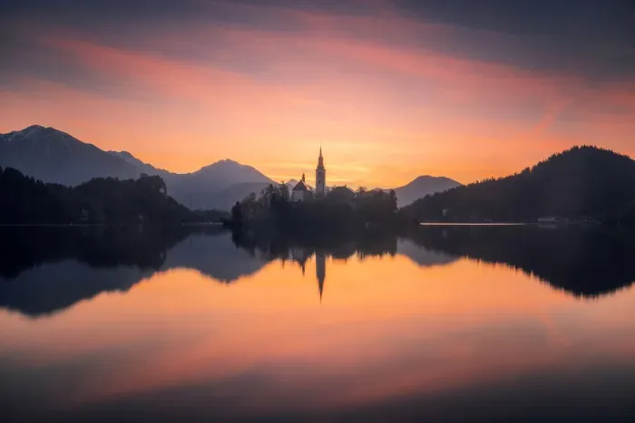 Framed Print : Lake Bled at twilight in spring, Slovenia Framed Print : Lake Bled at twilight in spring, Slovenia