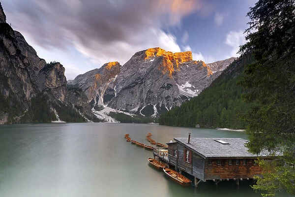 Lake Braies  /  Pragser Wildsee at sunset with Croda del Becco mountain on background