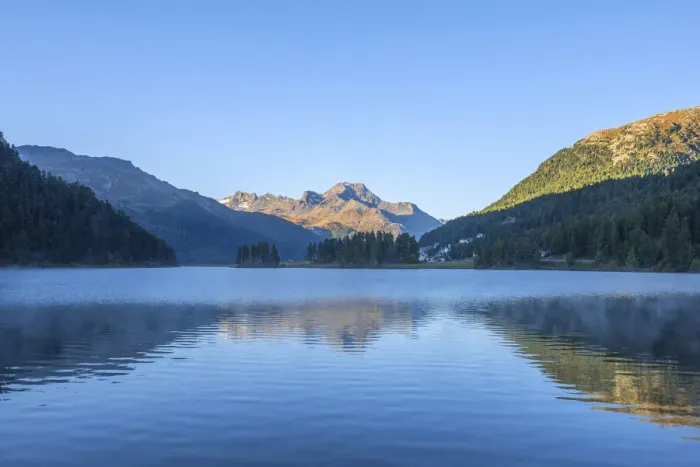 Framed Print : Lake Champfer at dawn, Bernina mountain range, Upper Engadin, Grisons (Graubunden), Switzerland Framed Print : Lake Champfer at dawn, Bernina mountain range, Upper Engadin, Grisons (Graubunden), Switzerland