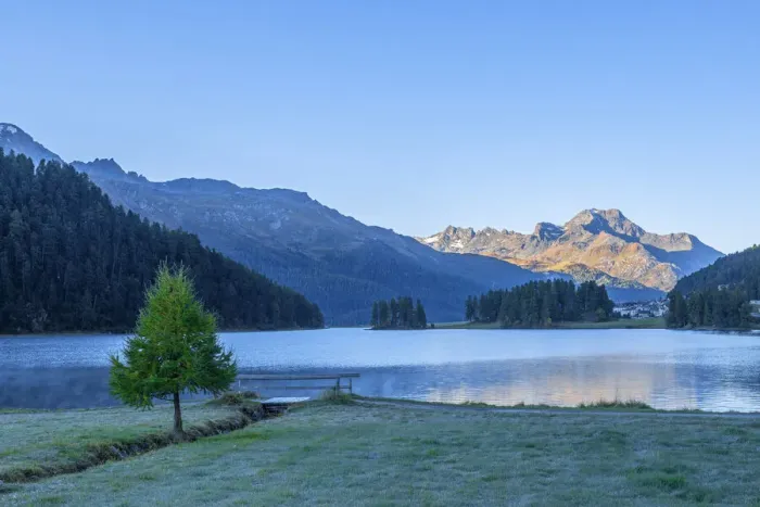 Framed Print : Lake Champfer at dawn with Piz da la Margna, Bernina mountain range, Upper Engadin, Grisons (Graubunden), Switzerland Framed Print : Lake Champfer at dawn with Piz da la Margna, Bernina mountain range, Upper Engadin, Grisons (Graubunden), Switzerland