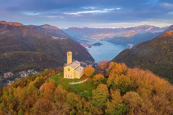 Lake Como viewed from San Zeno hermitage on the top of Intelvi Valley in autumn. Cerano d'Intelvi, Como distric, Lake Como, Lombardy, Italy