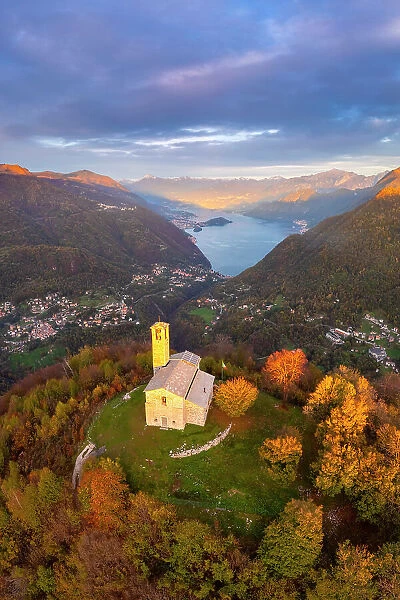 Lake Como viewed from San Zeno hermitage on the top of Intelvi Valley in autumn. Cerano d'Intelvi, Como distric, Lake Como, Lombardy, Italy