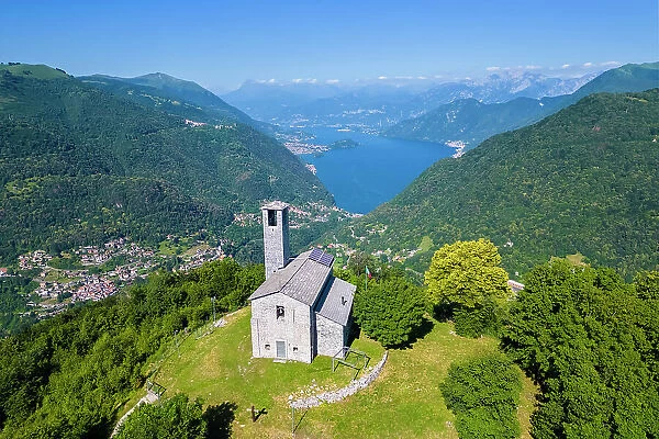Lake Como viewed from San Zeno hermitage on the top of Intelvi Valley in summer. Cerano d'Intelvi, Como distric, Lake Como, Lombardy, Italy