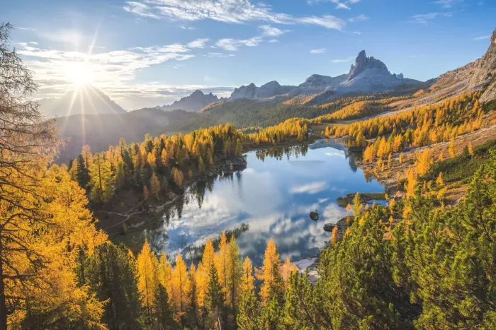 Framed Print : lake federa and croda da lago hut, a beautiful autumn morning in dolomites Framed Print : lake federa and croda da lago hut, a beautiful autumn morning in dolomites