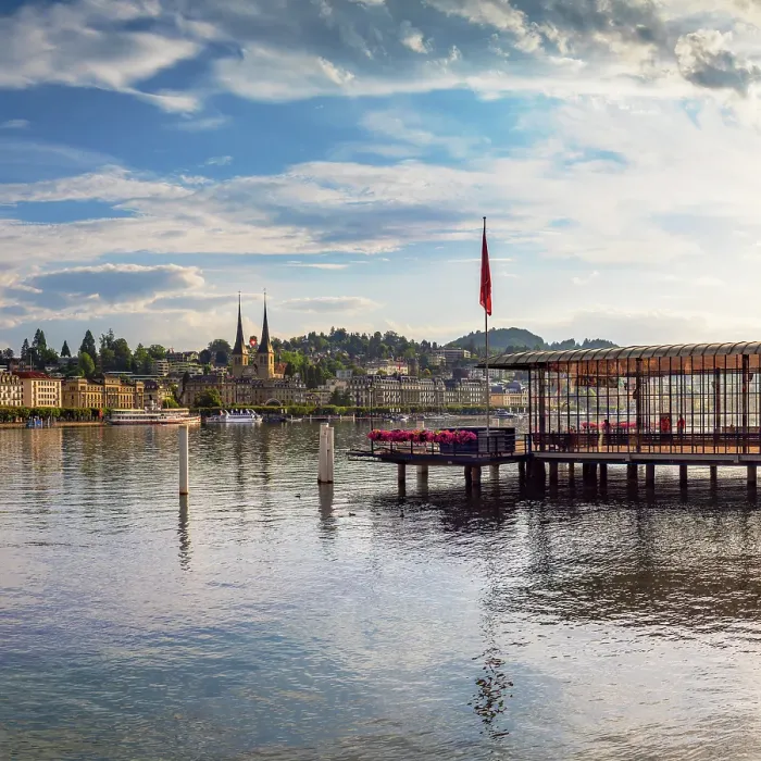 Framed Print : Lake Lucerne promenade and ferry pier, Lucerne, Switzerland Framed Print : Lake Lucerne promenade and ferry pier, Lucerne, Switzerland