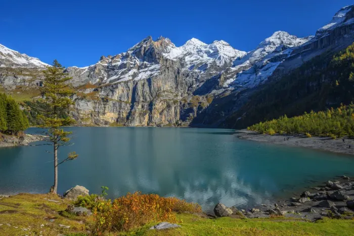 Framed Print : Lake Oeschinen with Blumlisalp mountain range, Kandersteg, Berner Oberland, Switzerland