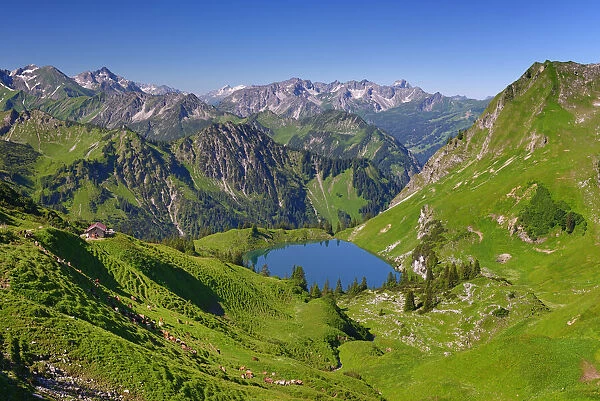 Lake Seealpsee in the mountain landscape of the Allgau Alps, Nebelhorn, Oberstdorf