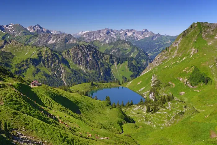 Framed Print : Lake Seealpsee in the mountain landscape of the Allgau Alps, Nebelhorn, Oberstdorf Framed Print : Lake Seealpsee in the mountain landscape of the Allgau Alps, Nebelhorn, Oberstdorf
