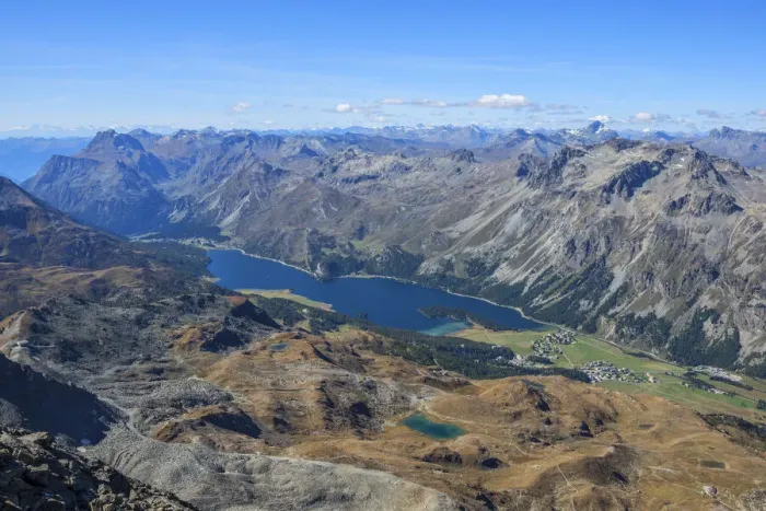 Framed Print : Lake Sils seen from Corvatsch summit station, Bernina mountain range, Upper Engadin, Grisons (Graubunden), Switzerland Framed Print : Lake Sils seen from Corvatsch summit station, Bernina mountain range, Upper Engadin, Grisons (Graubunden), Switzerland