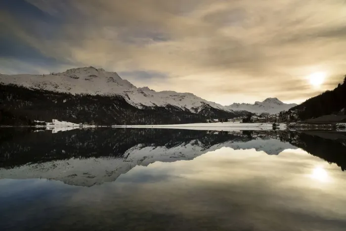 Framed Print : Lake Sils, St. Moritz, Switzerland Winter sunset taken on the shores of Lake Sils in Framed Print : Lake Sils, St. Moritz, Switzerland Winter sunset taken on the shores of Lake Sils in