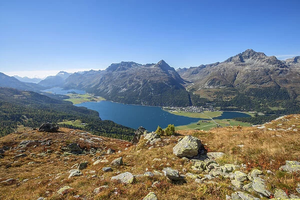 Lake Silvaplana and Lake Sils with Piz Lagrev, Bernina mountain range, Upper Engadin, Grisons (Graubunden), Switzerland