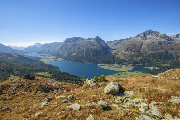 Framed Print : Lake Silvaplana and Lake Sils with Piz Lagrev, Bernina mountain range, Upper Engadin, Grisons (Graubunden), Switzerland