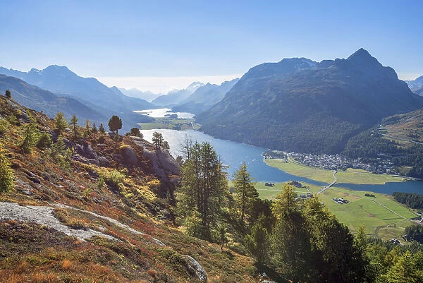 Lake Silvaplana and Lake Sils with Piz Lagrev, Bernina mountain range, Upper Engadin, Grisons (Graubunden), Switzerland