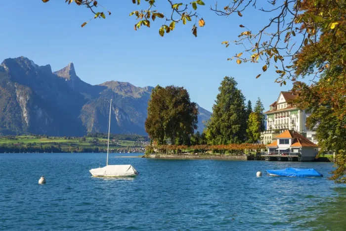 Framed Print : Lake Thun with Park Hotel Gunten and Stockhorn, Berner Oberland, Switzerland Framed Print : Lake Thun with Park Hotel Gunten and Stockhorn, Berner Oberland, Switzerland