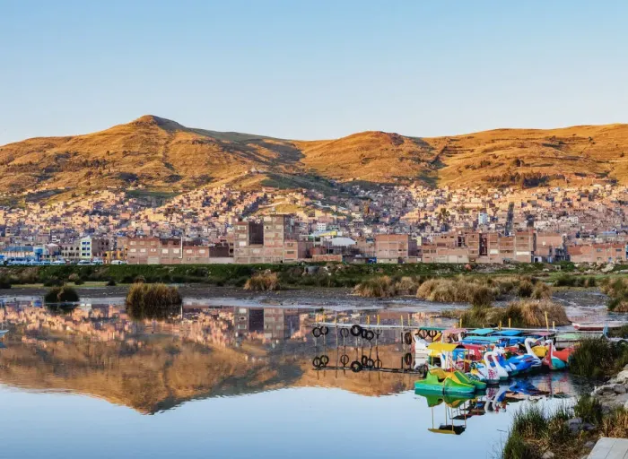 Framed Print : Lake Titicaca and Cityscape of Puno at sunrise, Peru