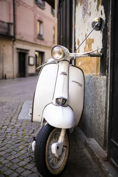 Framed Print : Lambretta Innocenti scooter in the old alley, Morbegno, province of Sondrio, Valtellina