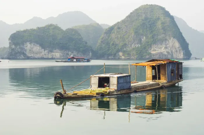 Framed Print : Lan ha bay, Halong arcipelago, Vietnam. Cargo floating boat Framed Print : Lan ha bay, Halong arcipelago, Vietnam. Cargo floating boat