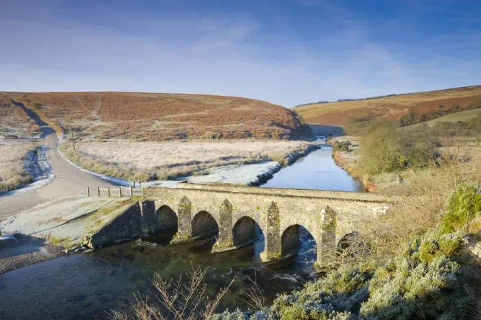 Framed Print : Landacre bridge and frost covered winter moorland, Exmoor National Park, Somerset Framed Print : Landacre bridge and frost covered winter moorland, Exmoor National Park, Somerset