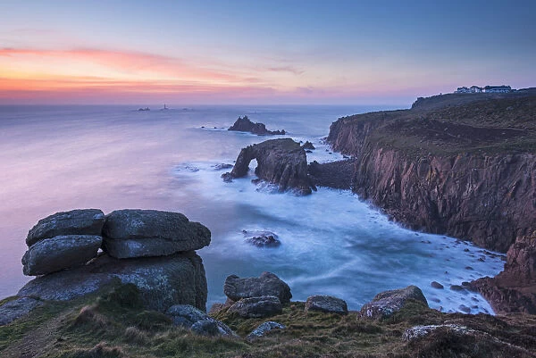 Lands End after sunset on a winter evening, Cornwall, England. Winter (February)