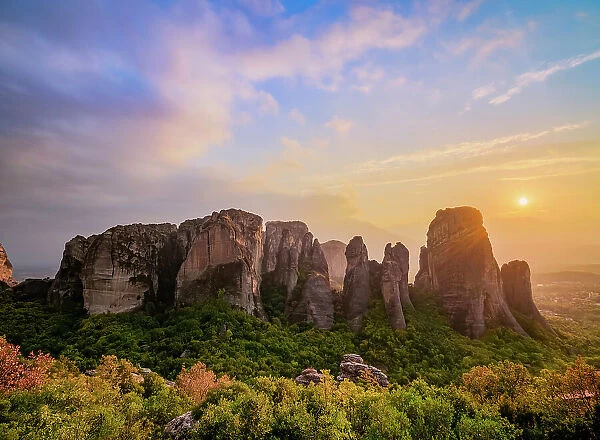 Landscape of Meteora at sunset, Thessaly, Greece