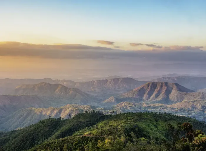 Framed Print : Landscape seen from La Gran Piedra at sunset, Santiago de Cuba Province, Cuba Framed Print : Landscape seen from La Gran Piedra at sunset, Santiago de Cuba Province, Cuba