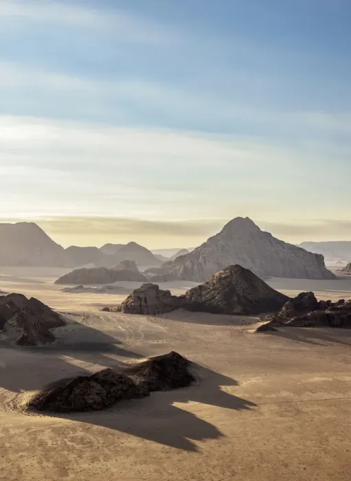 Framed Print : Landscape of Wadi Rum, aerial view from a balloon, Aqaba Governorate, Jordan
