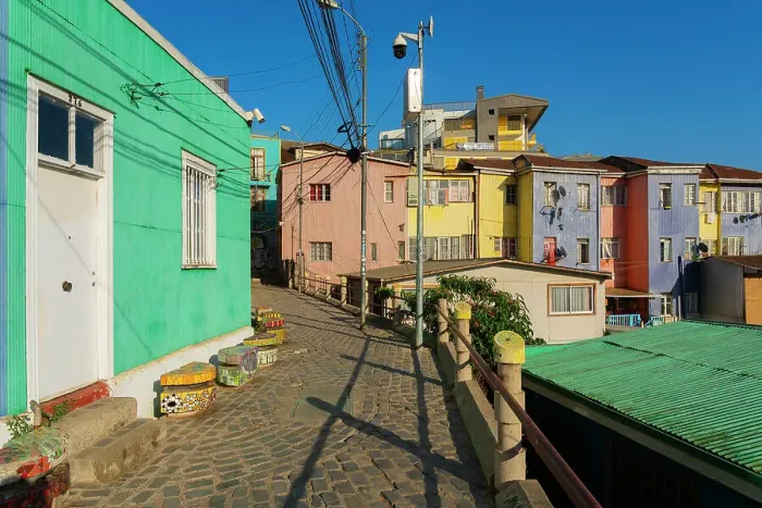 Framed Print : Empty lane amidst colorful houses, Cerro Bellavista, Valparaiso, Valparaiso Province, Valparaiso Region, Chile Framed Print : Empty lane amidst colorful houses, Cerro Bellavista, Valparaiso, Valparaiso Province, Valparaiso Region, Chile