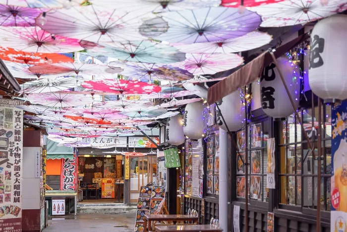 Framed Print : Lane with restaurants and decorative umbrellas, Otaru, Hokkaido, Japan Framed Print : Lane with restaurants and decorative umbrellas, Otaru, Hokkaido, Japan