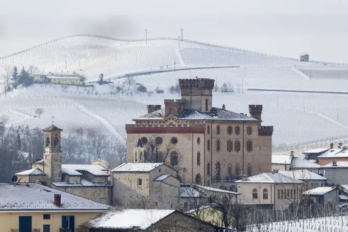 Framed Print : Langhe, Cuneo district, Piedmont, Italy. Langhe wine region winter snow, Barolo castle Framed Print : Langhe, Cuneo district, Piedmont, Italy. Langhe wine region winter snow, Barolo castle