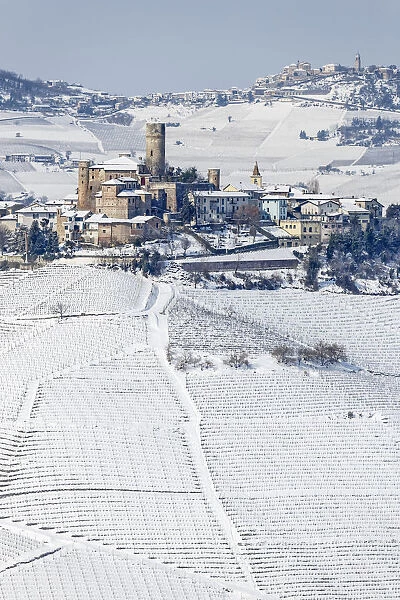 Langhe, Cuneo district, Piedmont, Italy. Langhe wine region winter snow, Castiglione