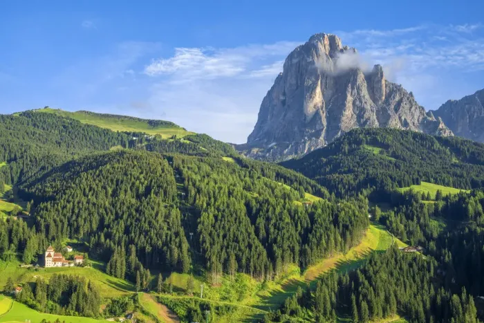 Framed Print : Langkofel N-face with Fischburg castle, Groeden, St. Christina, Dolomites, South Tyrol, Italy