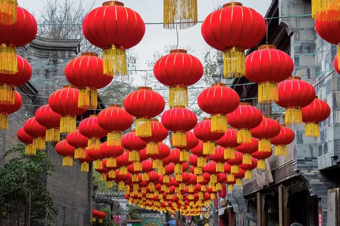 Framed Print : Lanterns hanging above city street, Chengdu, China