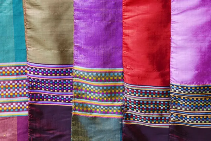Framed Print : Laos, Luang Prabang, Ban Xang Hai Village, Display of Souvenir Silk Scarfs Framed Print : Laos, Luang Prabang, Ban Xang Hai Village, Display of Souvenir Silk Scarfs