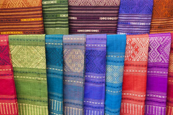 Laos, Luang Prabang, Ban Xang Hai Village, Display of Souvenir Silk Scarfs