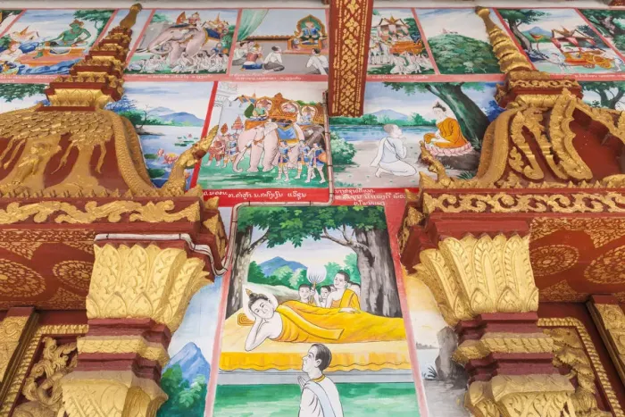 Framed Print : Laos, Luang Prabang, Wat Manoram, interior, religious paintings Framed Print : Laos, Luang Prabang, Wat Manoram, interior, religious paintings