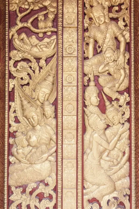 Framed Print : Laos, Luang Prabang, Wat Manoram, door detail