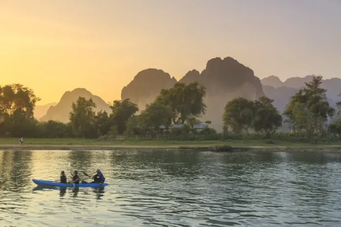 Framed Print : Laos, Vang Vieng. Nam Song River and Karst Landscape